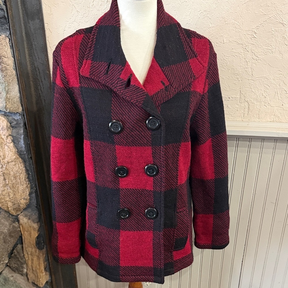 KEREN hart Red and Black Plaid Pea Coat